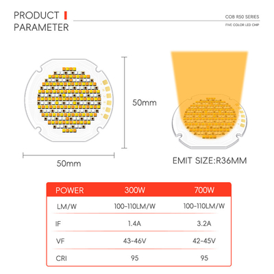 300w 700w Yüksek Güçlü Yüksek Işık R50 COB Beş Renkli LED Kaynağı Özelleştirilebilir VF 42-46V LM/W 95