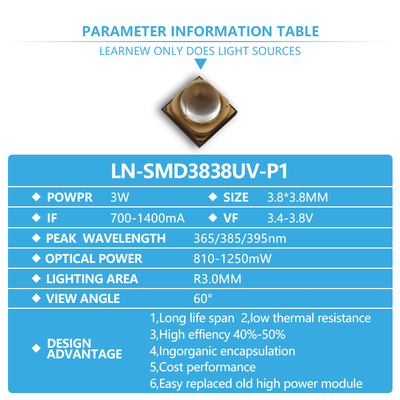 3W UVA LED Çipi 365nm Dalga Boyu 3.8x3.8mm Boyut